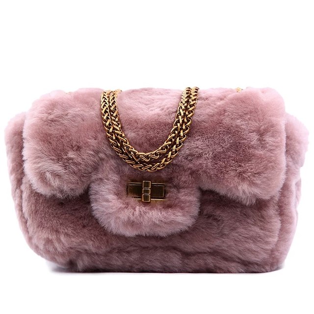 Plain Color Soft Fake Fur Half-Flap Twisted Closure Crossbody Handheld Handbag