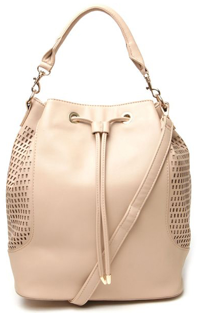 Plain Color Laser-cut-out Hollow PU Leather Crossbody Drawstring Bag