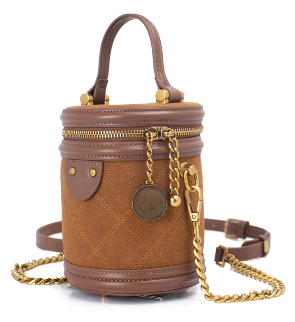 Brown Quilted Suede Leather Bucket Handheld Crossbody Handbag