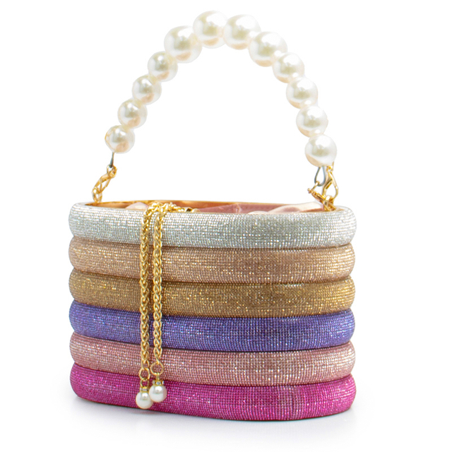 Colorful Rhinestones Basket Bag with Elegant Pearl Handle