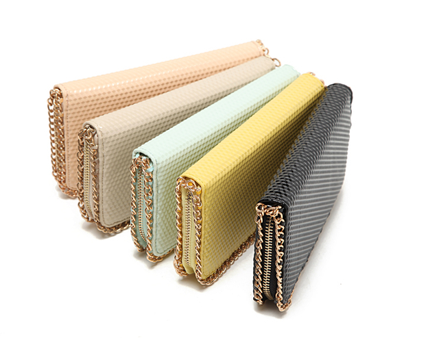 Long Patent Faux Embossing Leather Wallet Adorned with Light Gold Cable Chain