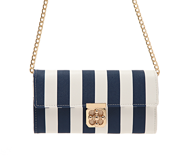 Dark Blue and White Strap Faux Leather Crossbody Bag with Light Gold Cable Chain