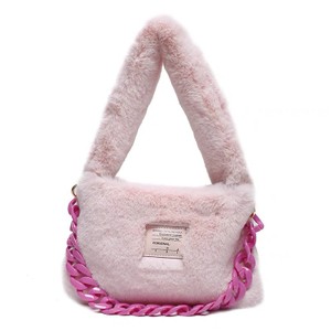 Fluffy Fake Fur Shoulder Handbag Adorned with Corresponding-colored Chain