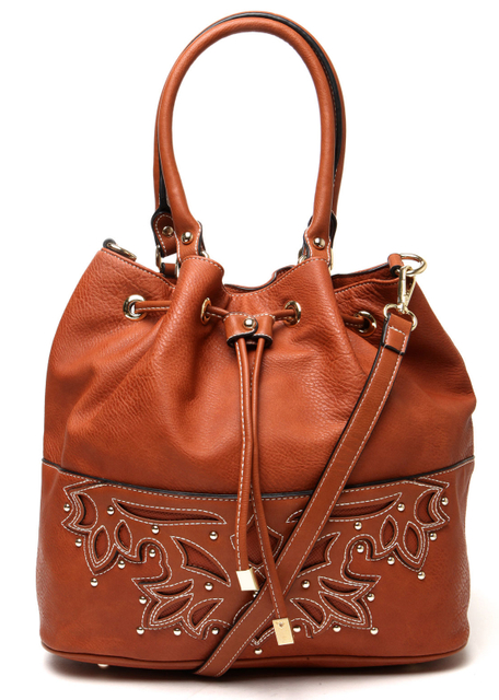 Dark Color Laser-cut-out Hollow PU Leather Crossbody Drawstring Bag