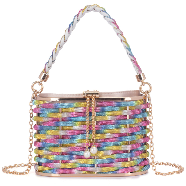 Colorful Rhinestone Woven Basket Bag