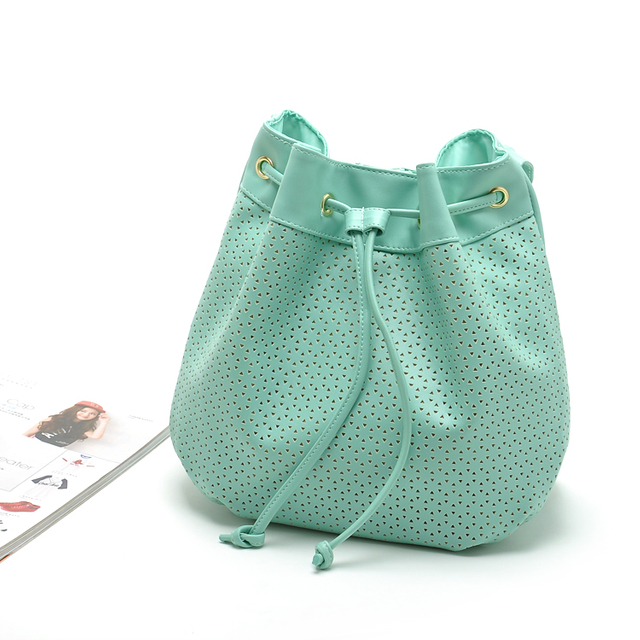 Chill Fresh Summer Mint Green Eyelet Faux Leather Drawstring Crossbody Bag