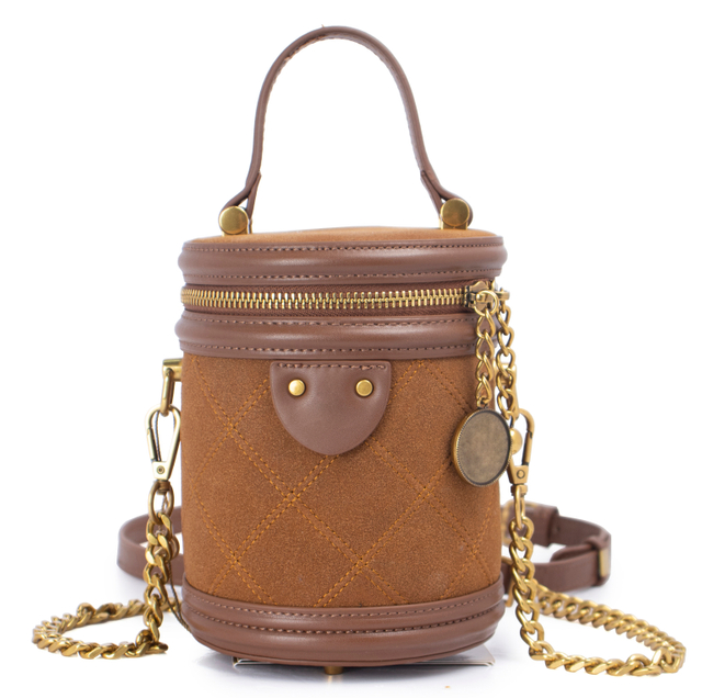 Brown Quilted Suede Leather Bucket Handheld Crossbody Handbag